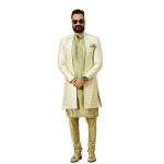 Alluring Cream Geometrical Thread Embroidered Open Sherwani with Lime Green Kurta-Pajama Set | Father Son Combo | Jaipurio Collection